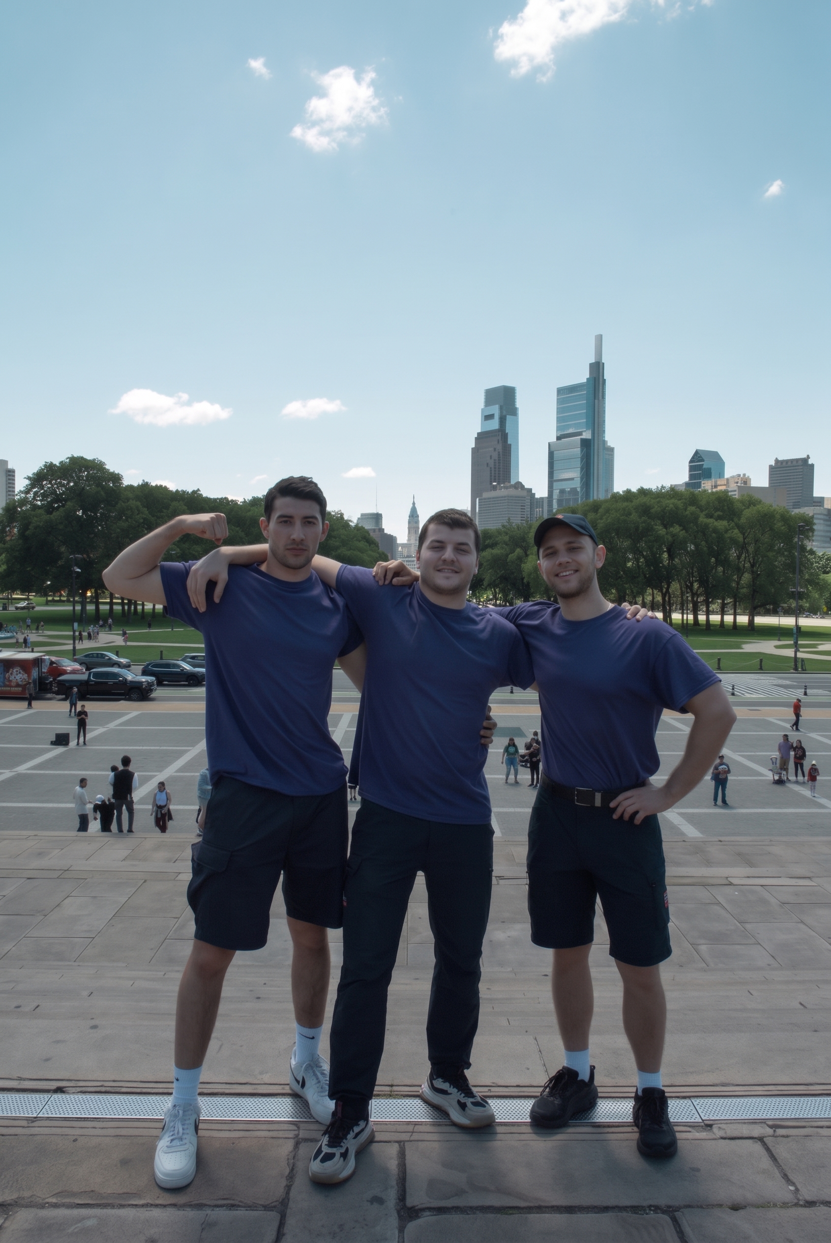 Three members of the moving crew together outdoors during their earlier corporate-moving days